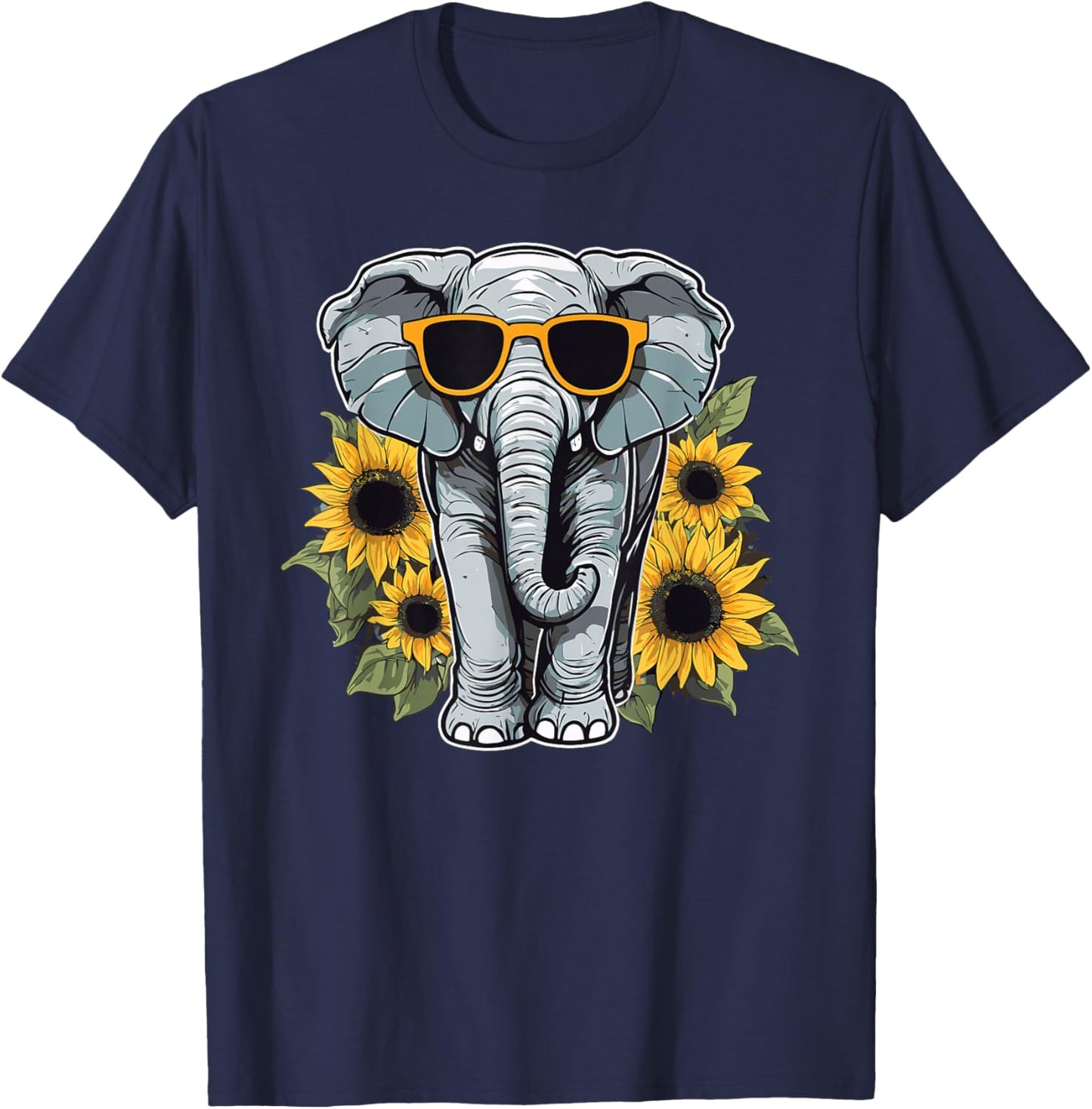 Elephant with Sunglasses and Sunflowers T-Shirt - T-Shirt | Navy