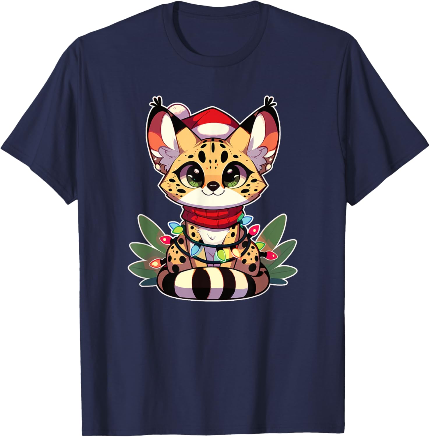 Christmas Fairy Lights Serval Cat Women Kids T-Shirt - T-Shirt | Navy