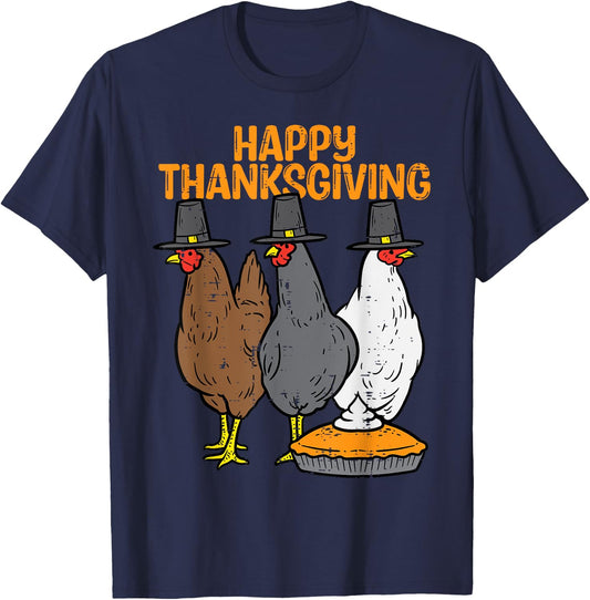 Happy Thanksgiving 3 Chickens Pilgrim Farm Men Women Kids T-Shirt - T-Shirt | Navy