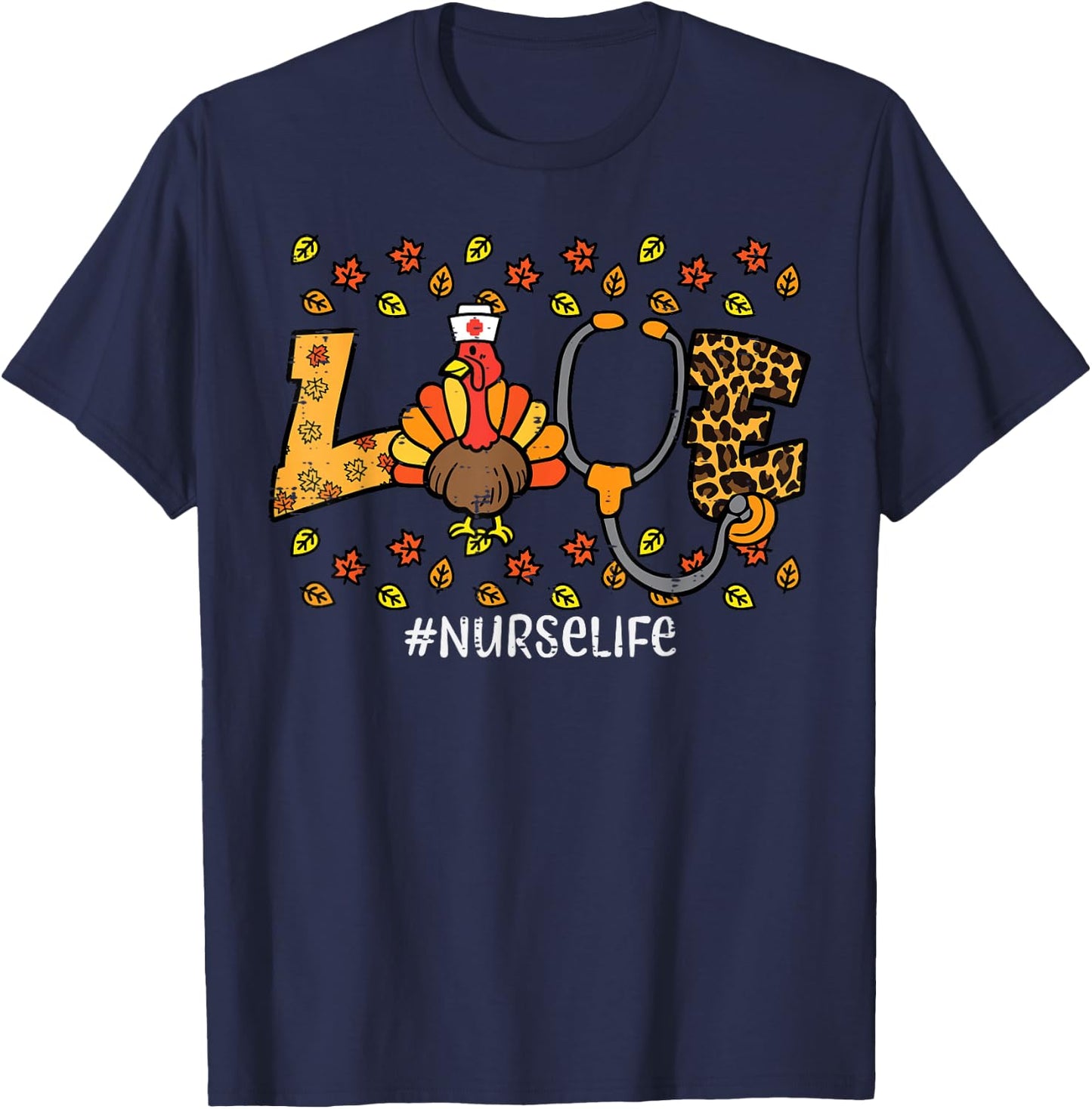 Leopard Love Turkey Nurse Thanksgiving Fall Scrub Top Women T-Shirt - T-Shirt | Navy