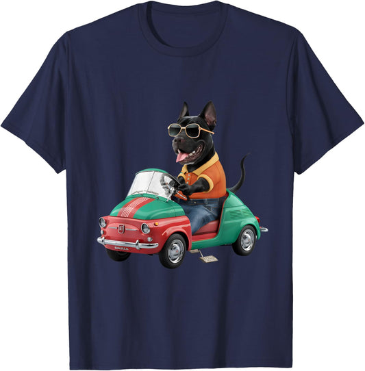 Cool Cane Corso in Fiat 500 - Funny Dog Lover Men Women T-Shirt - T-Shirt | Navy