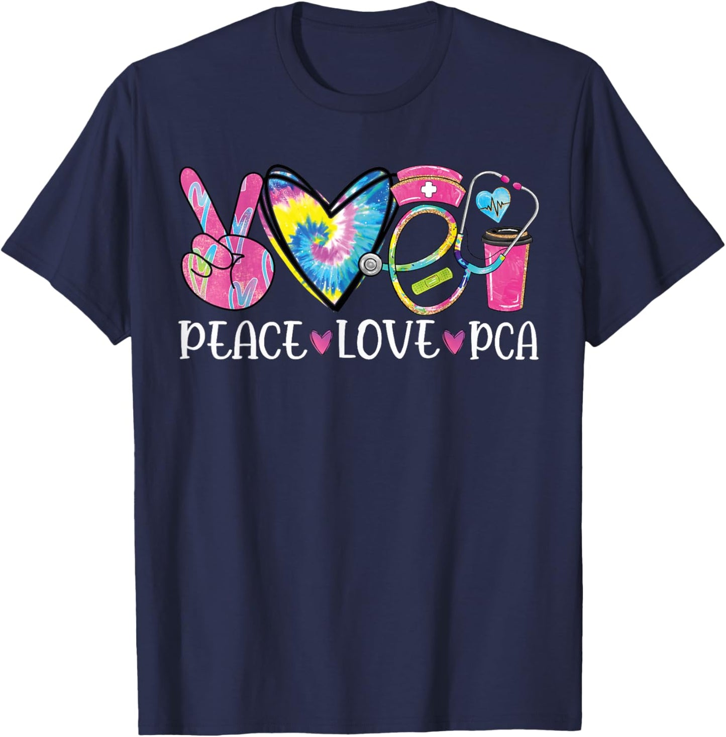 funny pca design Women's Black, Multicolor Heart Stethoscope Design - Small - Short Sleeve - Classic Fit - Cotton Blend - Christmas, Birthday - Women's Nursing PCA Nurse T-Shirt - T-Shirt | Navy