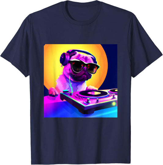 Pug DJ Vaporwave Shirt Aesthetic Dog Men Women Boys Girls T-Shirt - T-Shirt | Navy