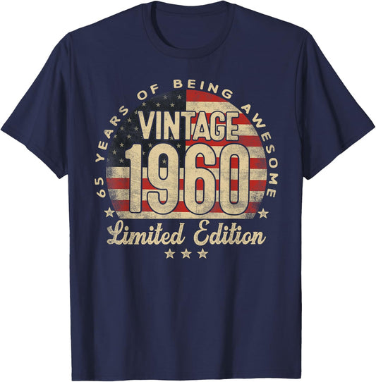 Vintage 1960 Limited Edition 65-Year-Old Gifts USA Flag T-Shirt - T-Shirt | Navy