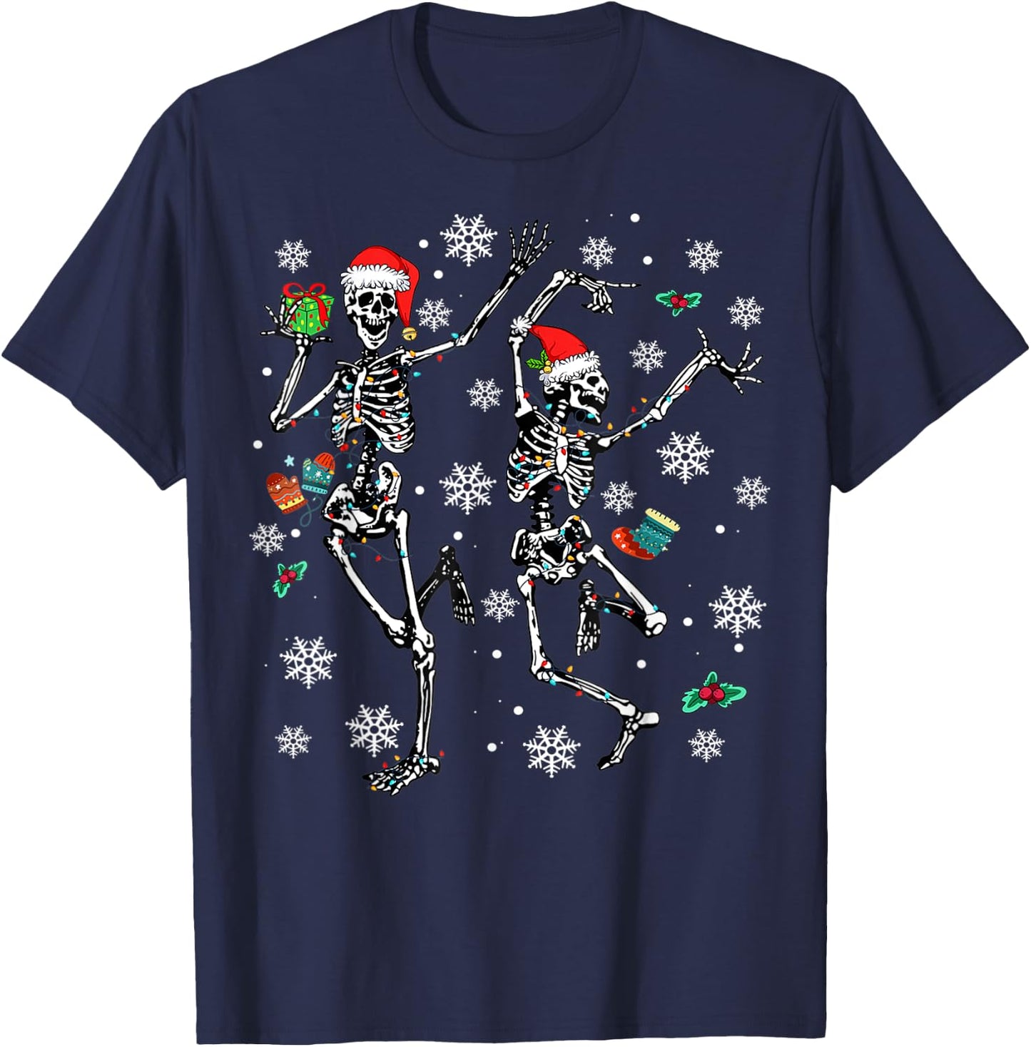 Xmas Tree Christmas Lights Christmas Skeleton Dancing T-Shirt - T-Shirt | Navy