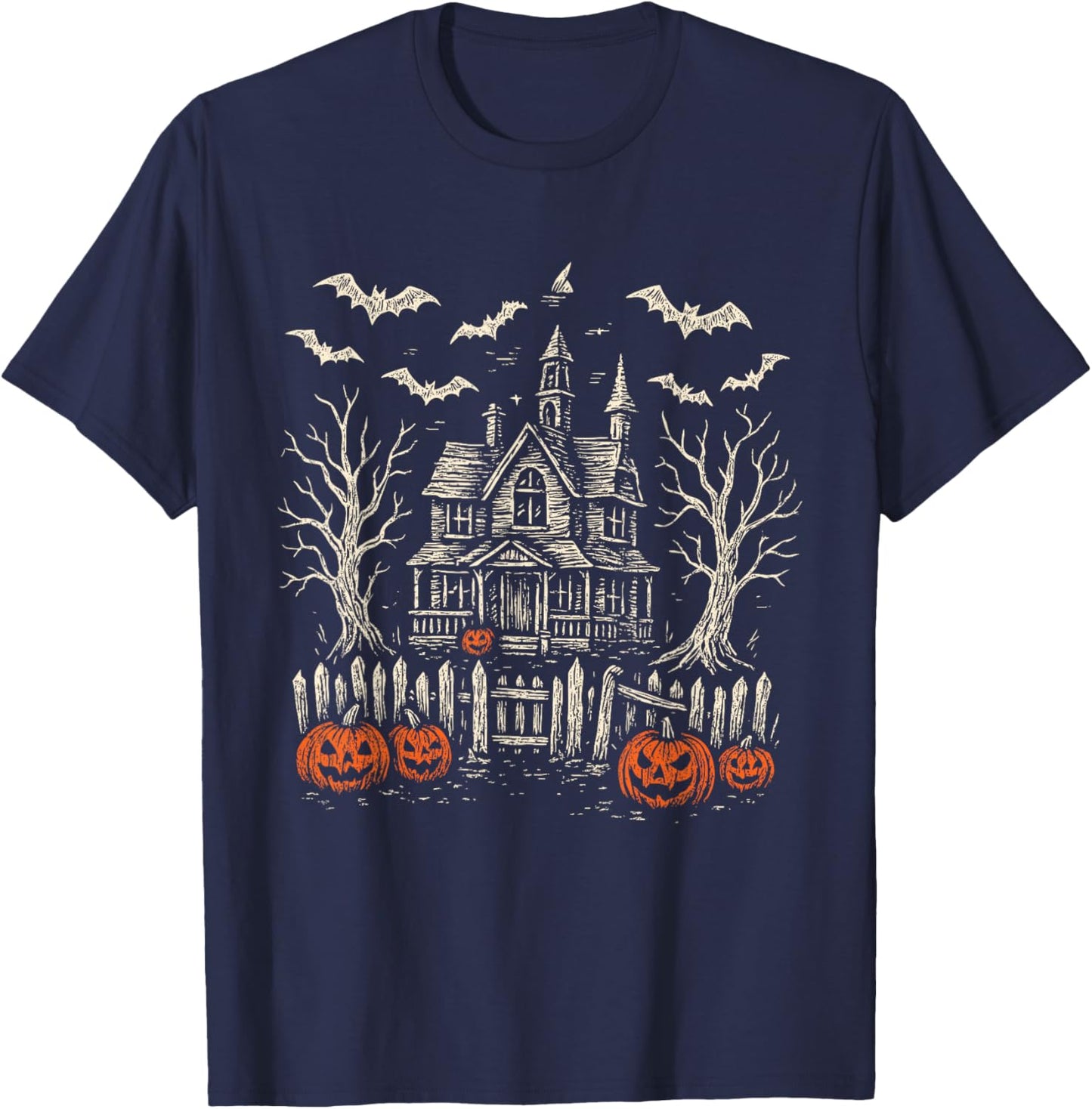 Vintage Haunted Creepy House Halloween Spooky Pumpkin T-Shirt - T-Shirt | Navy