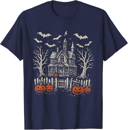 Vintage Haunted Creepy House Halloween Spooky Pumpkin T-Shirt - T-Shirt | Navy