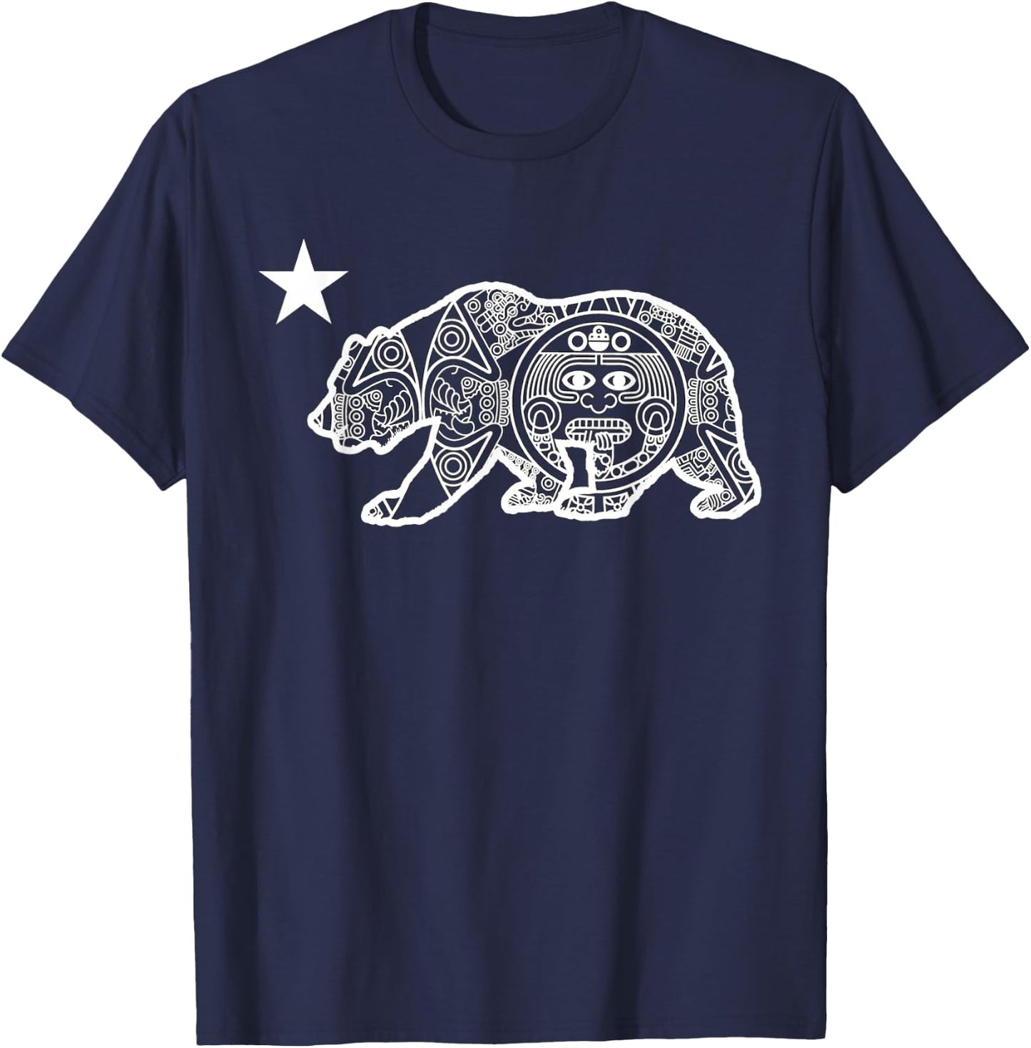 California Flag Bear Aztec Calendar T-Shirt - T-Shirt | Navy