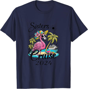 Sisters Cruise 2024 Flamingo Sisters Cruising Girls Trip T-Shirt - T-Shirt | Navy