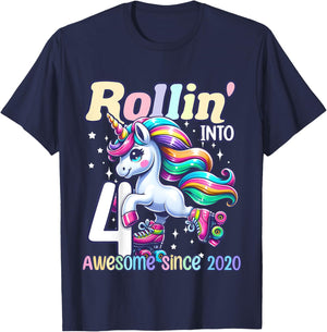 Unicorn 4th Birthday 4 Year Old Roller Skate Party Girls T-Shirt - T-Shirt | Navy