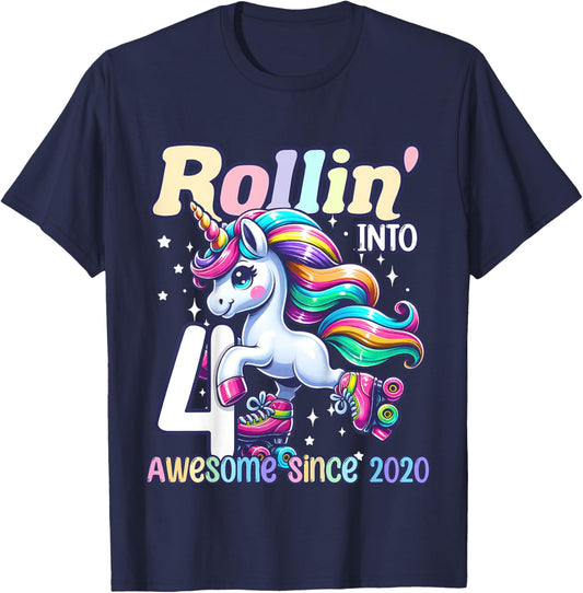 Unicorn 4th Birthday 4 Year Old Roller Skate Party Girls T-Shirt - T-Shirt | Navy