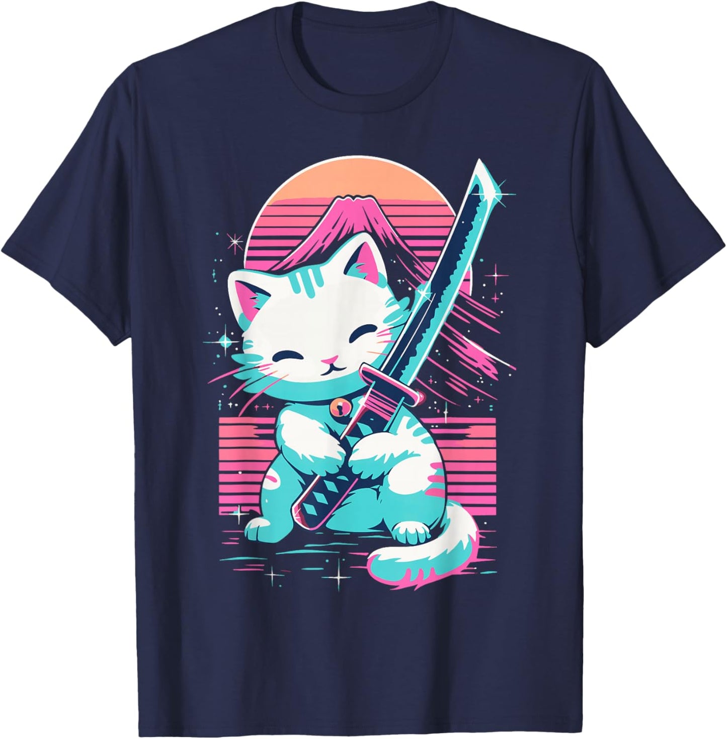 Cat With Katana Sword Japan Cat Samurai Japanese T-Shirt - T-Shirt | Navy