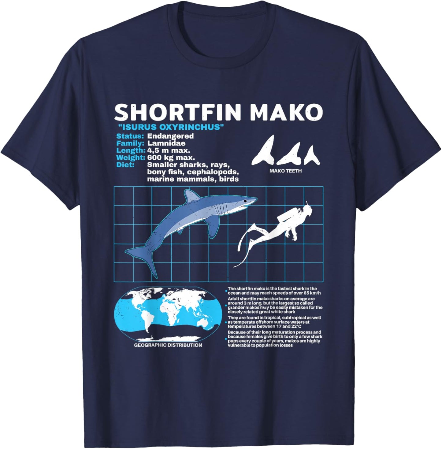 Mako Shark Fact Sheet T-Shirt - T-Shirt | Navy
