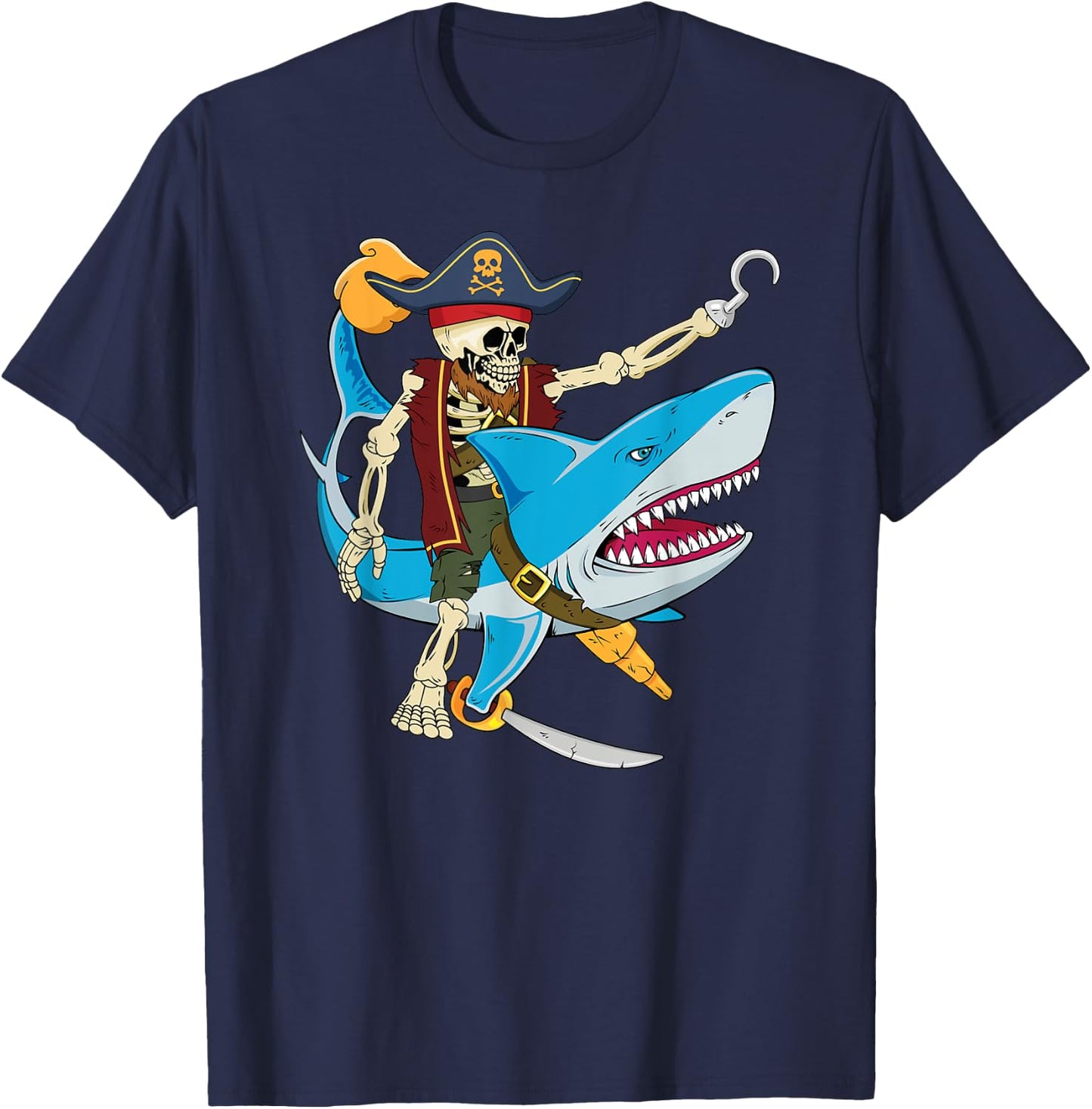 Skeleton Pirate Riding Shark Halloween Kids Boys T-Shirt - T-Shirt | Navy