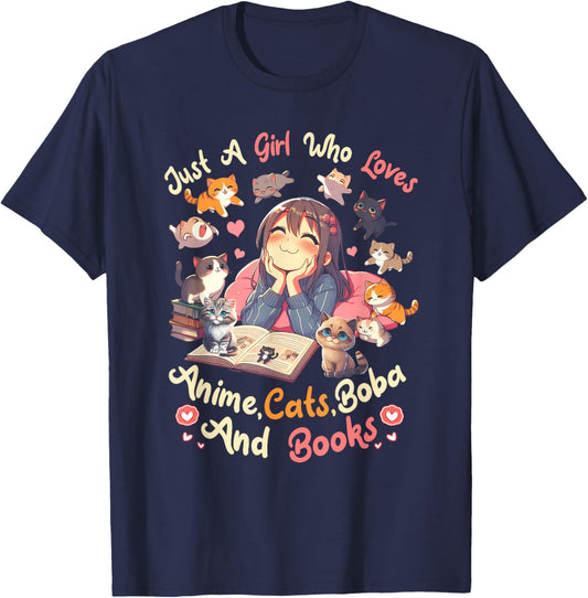 Just Girl Who Loves Anime Cats Boba And Books Bubble Tea T-Shirt - T-Shirt | Navy
