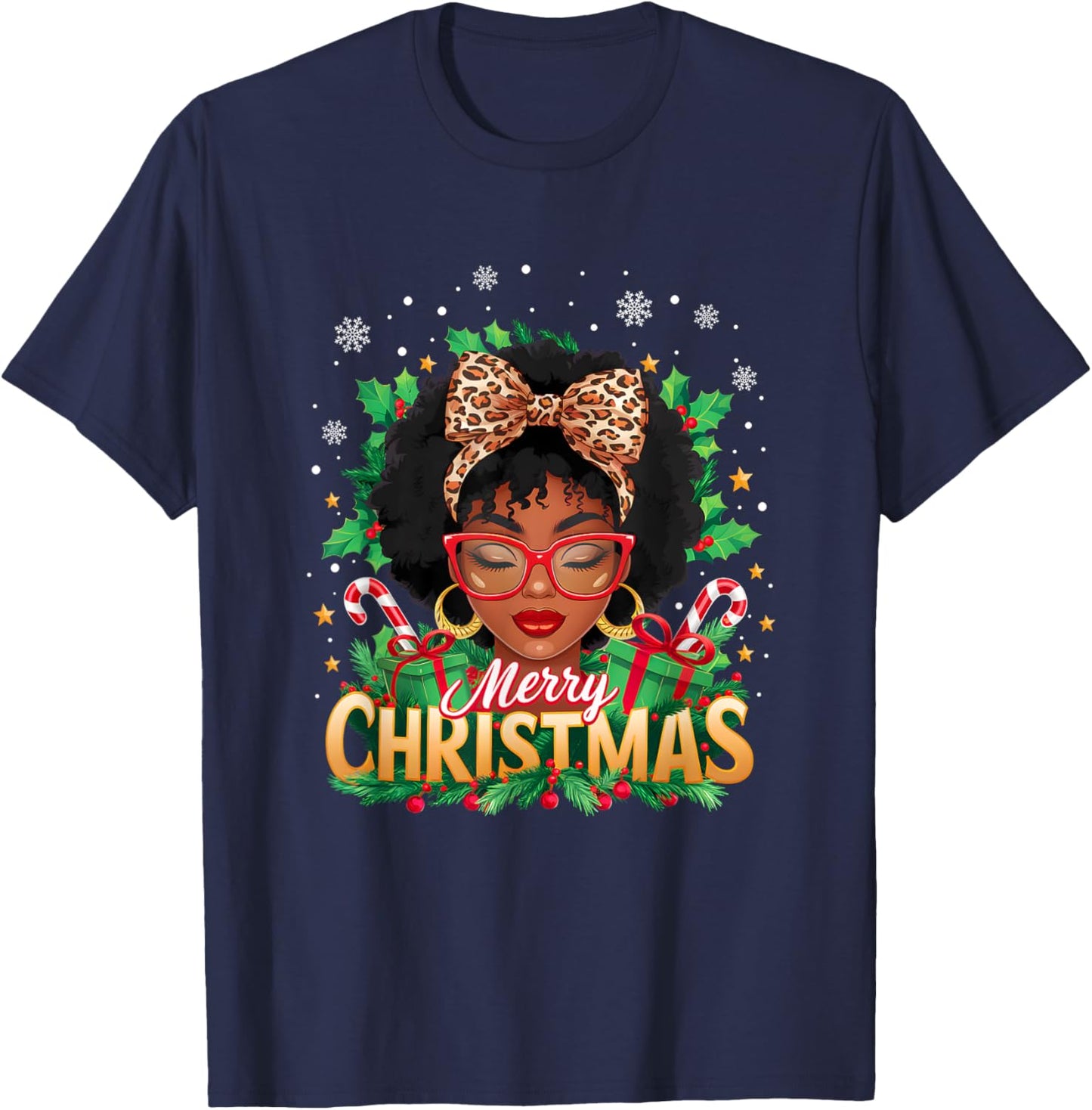Merry Christmas African American Black Women Afro Messy Bun T-Shirt - T-Shirt | Navy