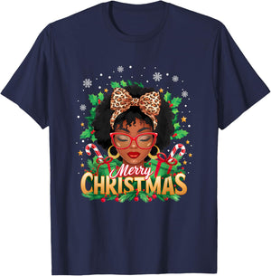 Merry Christmas African American Black Women Afro Messy Bun T-Shirt - T-Shirt | Navy