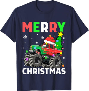 Kids Boys Merry Christmas Monster Truck Santa Hat Toddler Kids T-Shirt - T-Shirt | Navy
