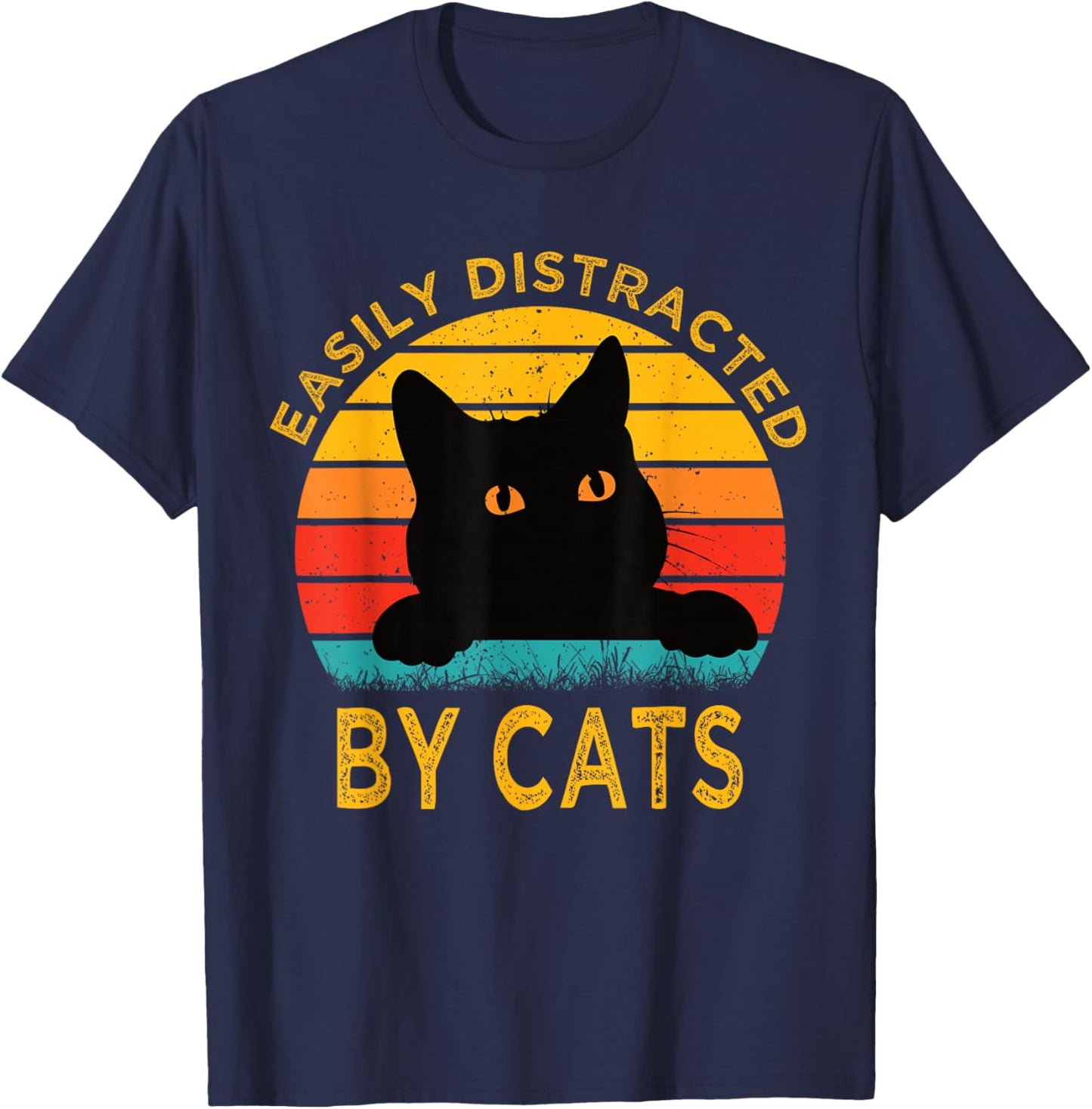 Easily Distracted By Cats Vintage Funny Cat T-Shirt - T-Shirt | Navy