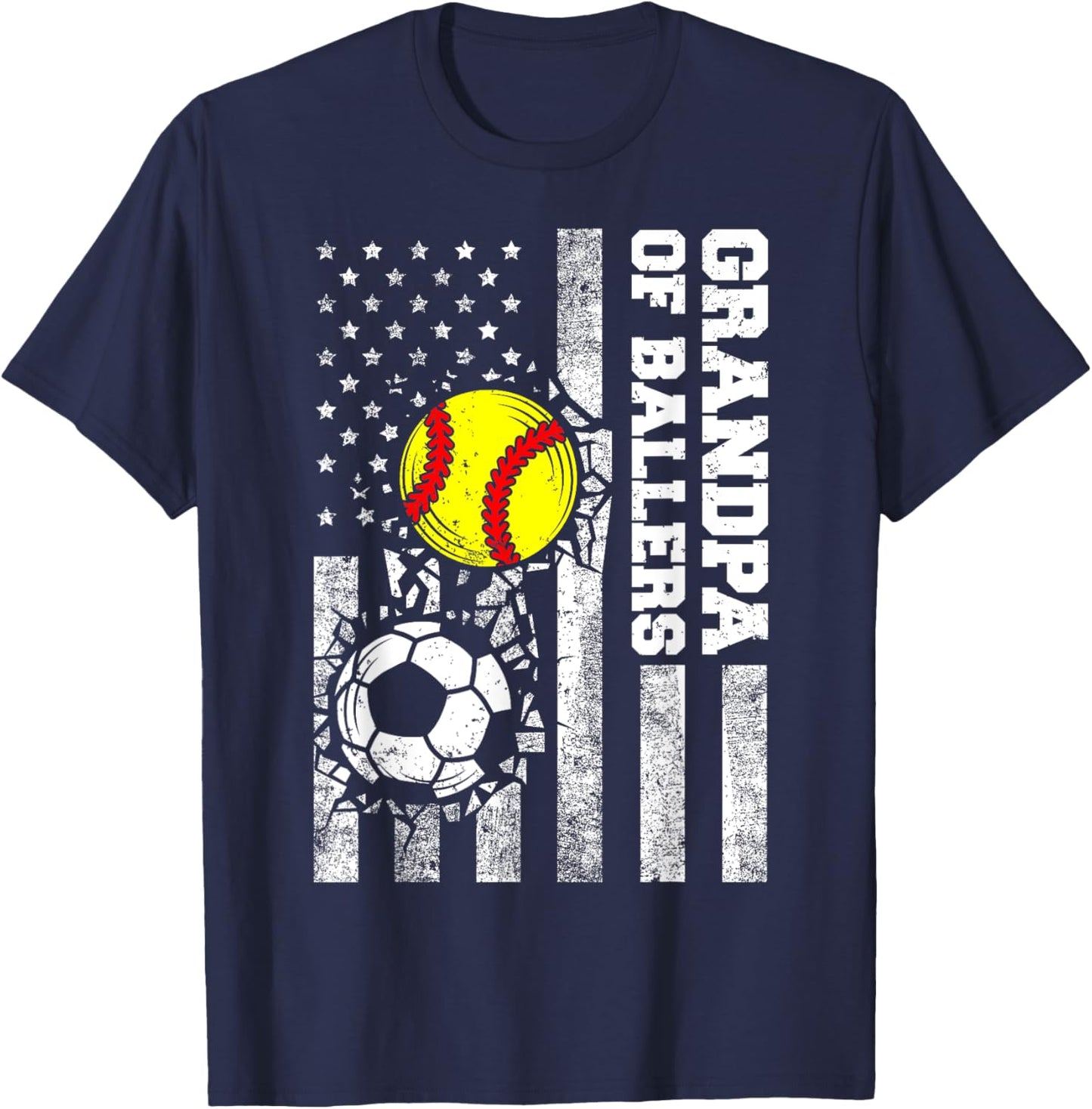 Grandpa of Ballers Funny USA Flag Soccer Softball Grandpa T-Shirt - T-Shirt | Navy