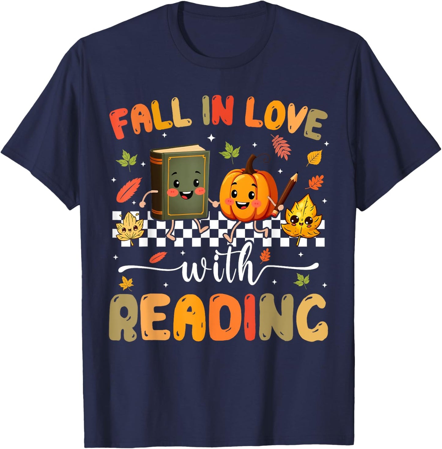 Fall In Love With Reading Pumpkin Autumn Fall Teacher T-Shirt - T-Shirt | Navy