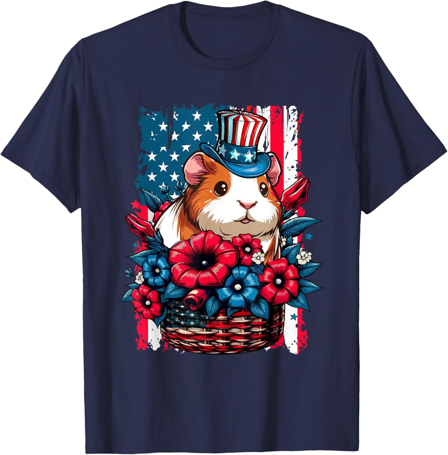 Guinea Pig Inside Flowers Basket 4th July US Flag Patriotic T-Shirt - T-Shirt | Navy
