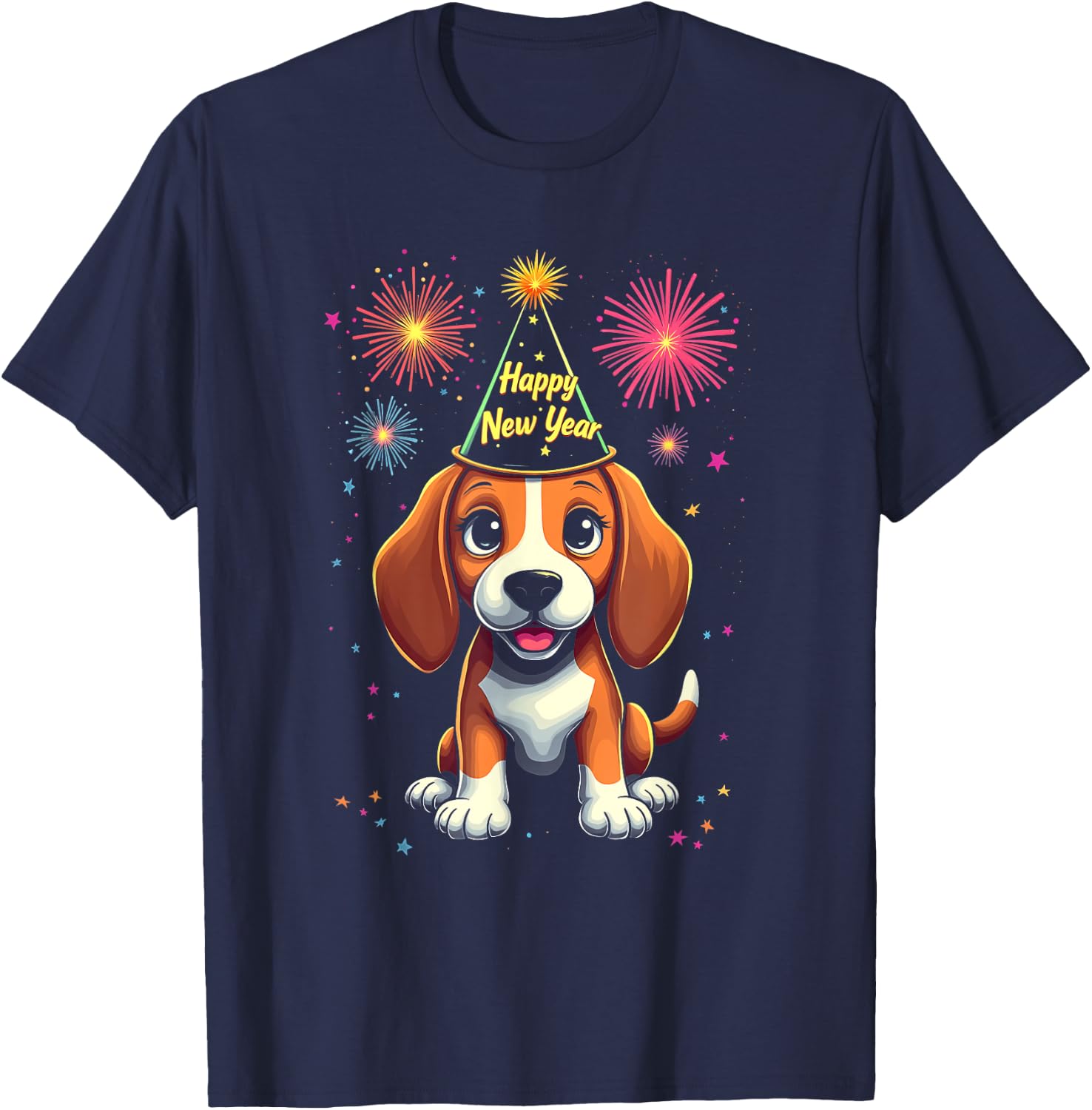 Happy New Year 2025 Eve Firework Dog Funny Beagle T-Shirt - T-Shirt | Navy