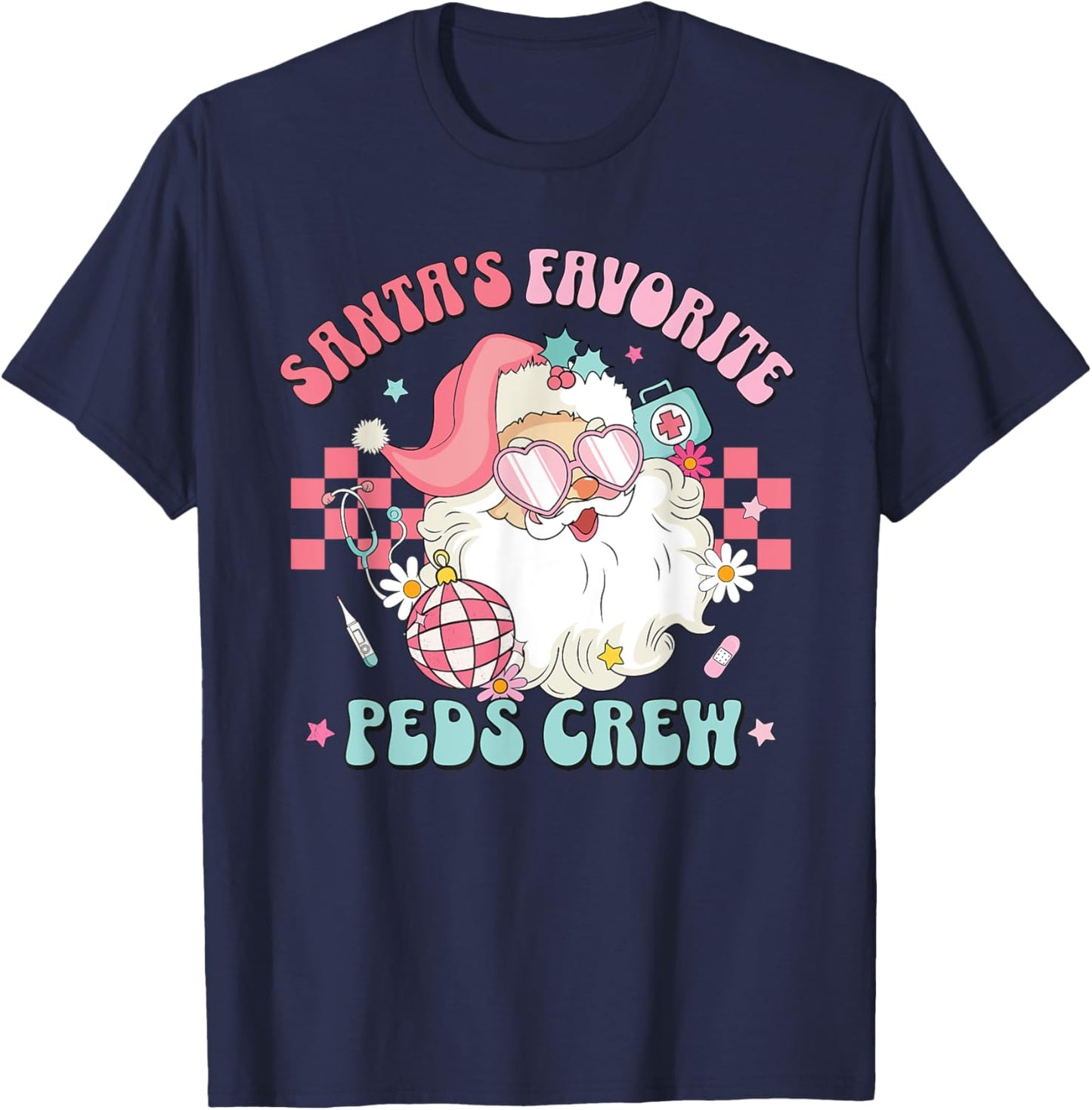 Retro Pink Christmas Santa's Favorite PEDS Nurse Pediatrics T-Shirt - T-Shirt | Navy