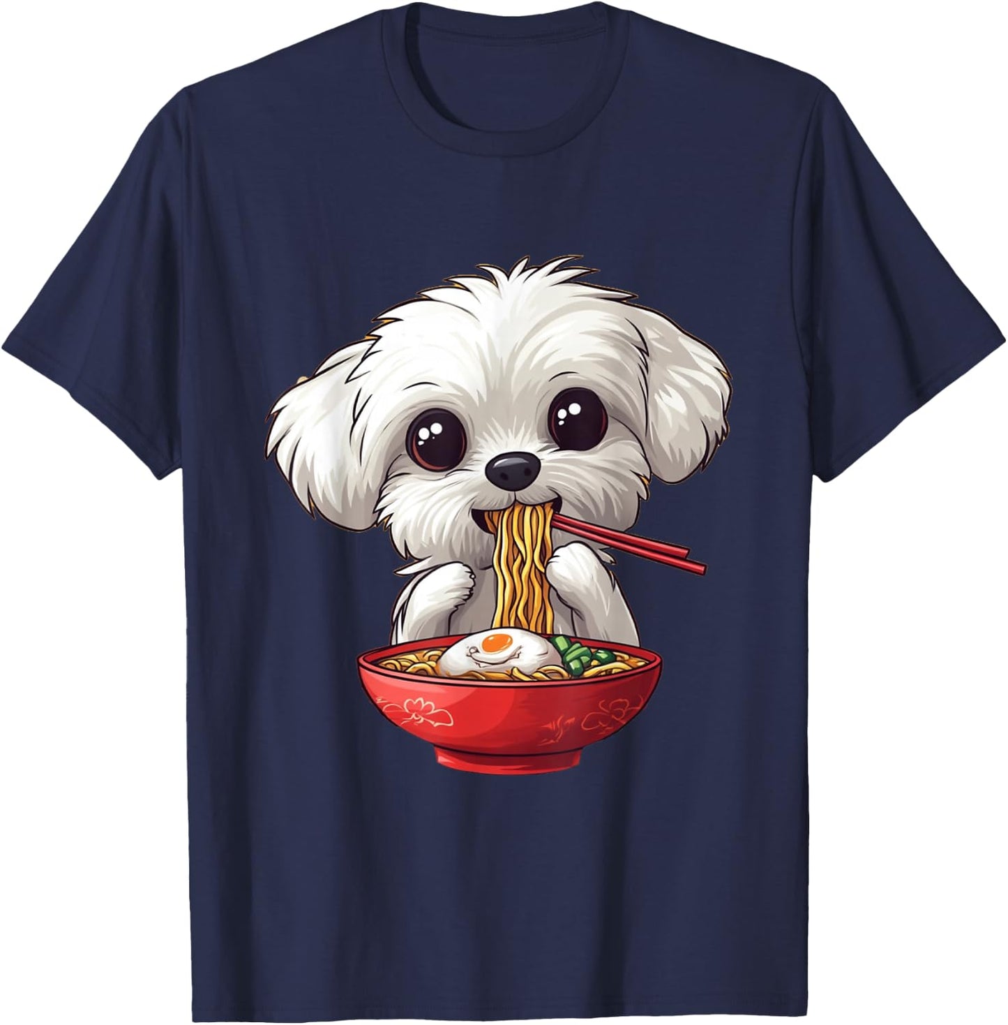 Cute Maltese Dog Eating Ramen Men Women Boys Girls T-Shirt - T-Shirt | Navy