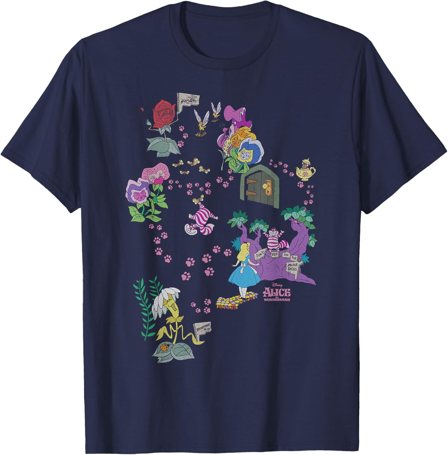 Disney Alice in Wonderland Cheshire Cat Paw Prints Map Small T-Shirt - T-Shirt | Navy