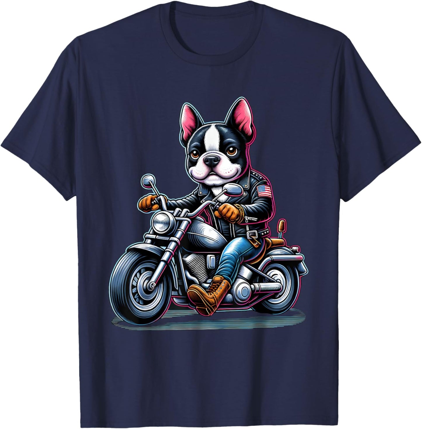 Biker Boston Terrier Dog Riding Motorbike T-Shirt - T-Shirt | Navy