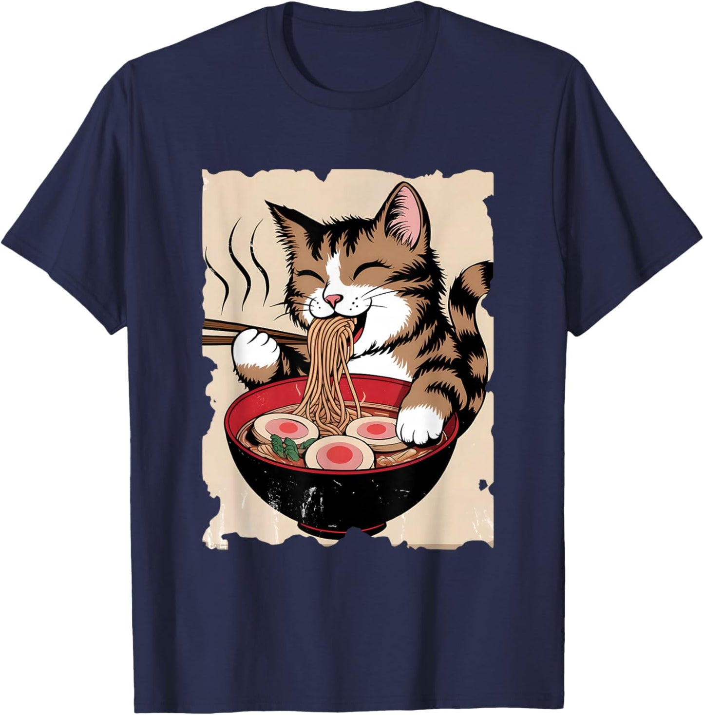 Retro Ramen Apparel Gifts Cat Eating Ramen - Funny Noodle Soup Lover Kawaii -Adults Black Small T-Shirt - T-Shirt | Navy