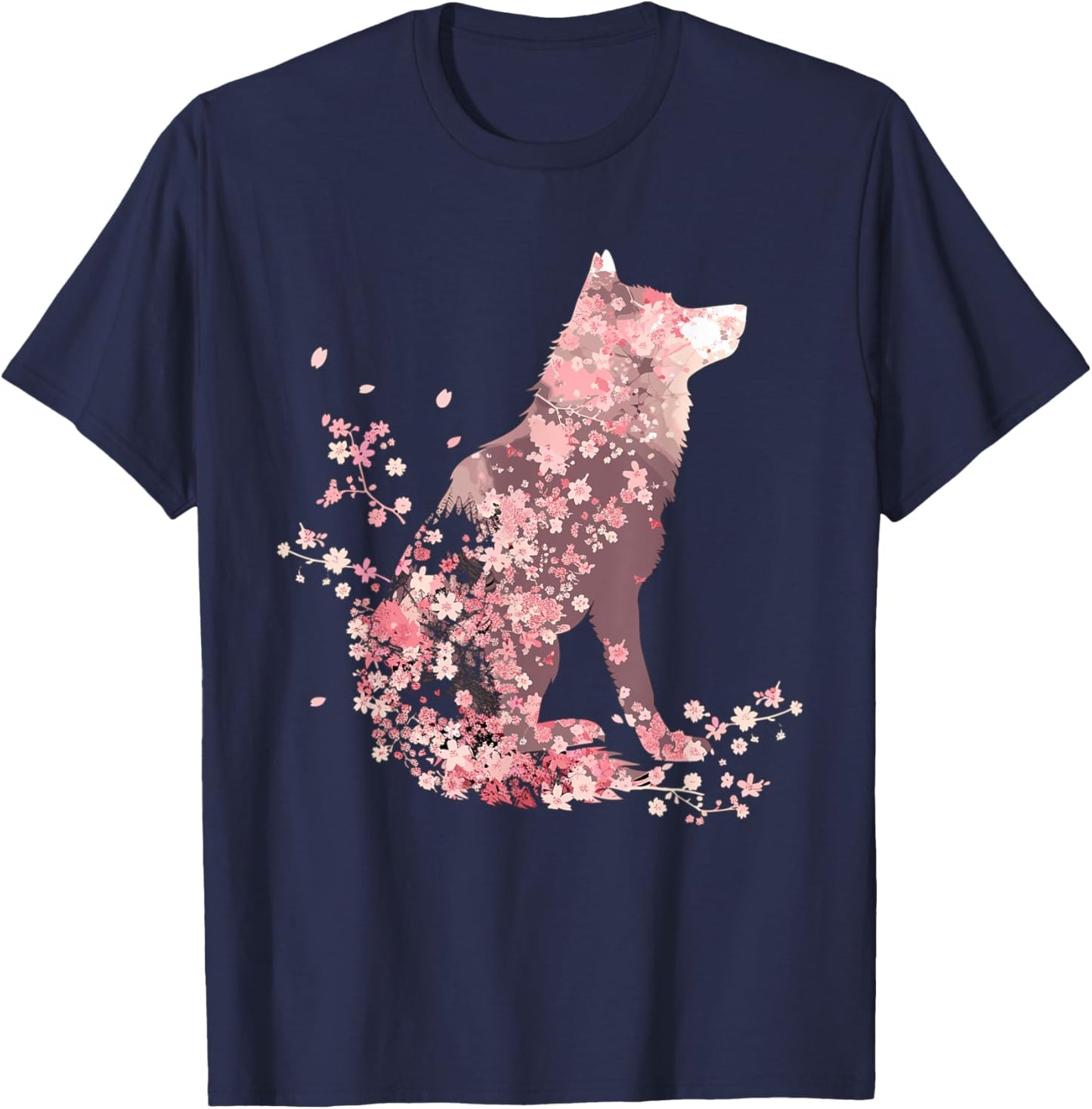 Wolf Lover Cherry Blossom Wolves Animal Wildlife T-Shirt - T-Shirt | Navy