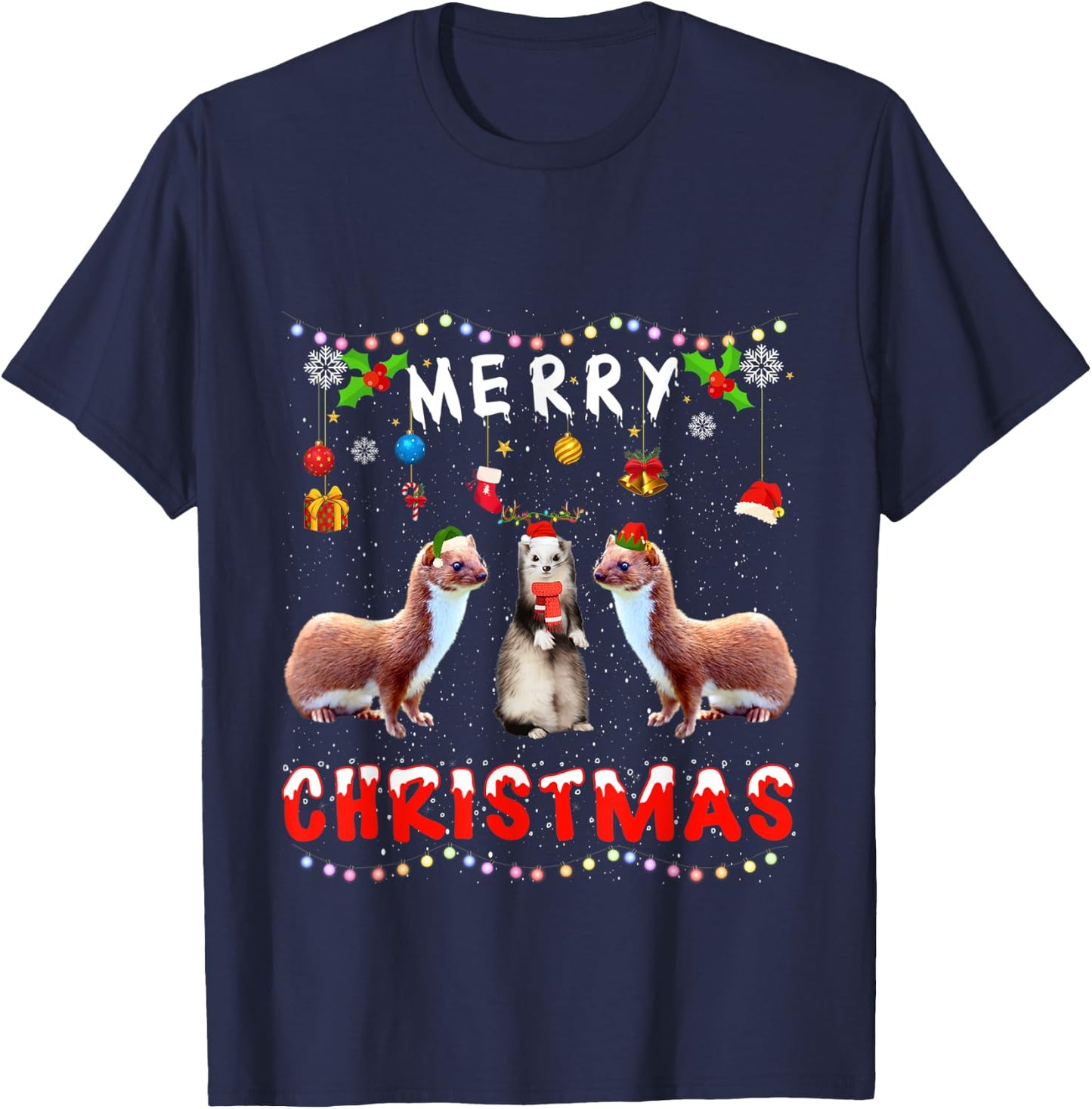 Merry Christmas Weasel Xmas Funny Animals Pajama T-Shirt - T-Shirt | Navy