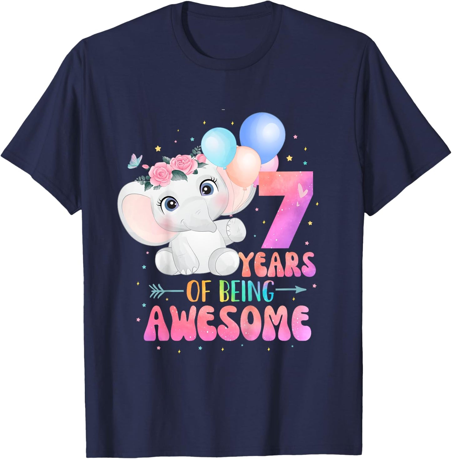 7 Years Of Being Awesome Cute Elephant 7th Birthday Girl T-Shirt - T-Shirt | Navy