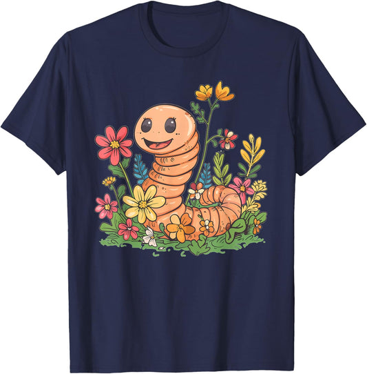 Cute Worm with Flowers I Kids Worm T-Shirt - T-Shirt | Navy