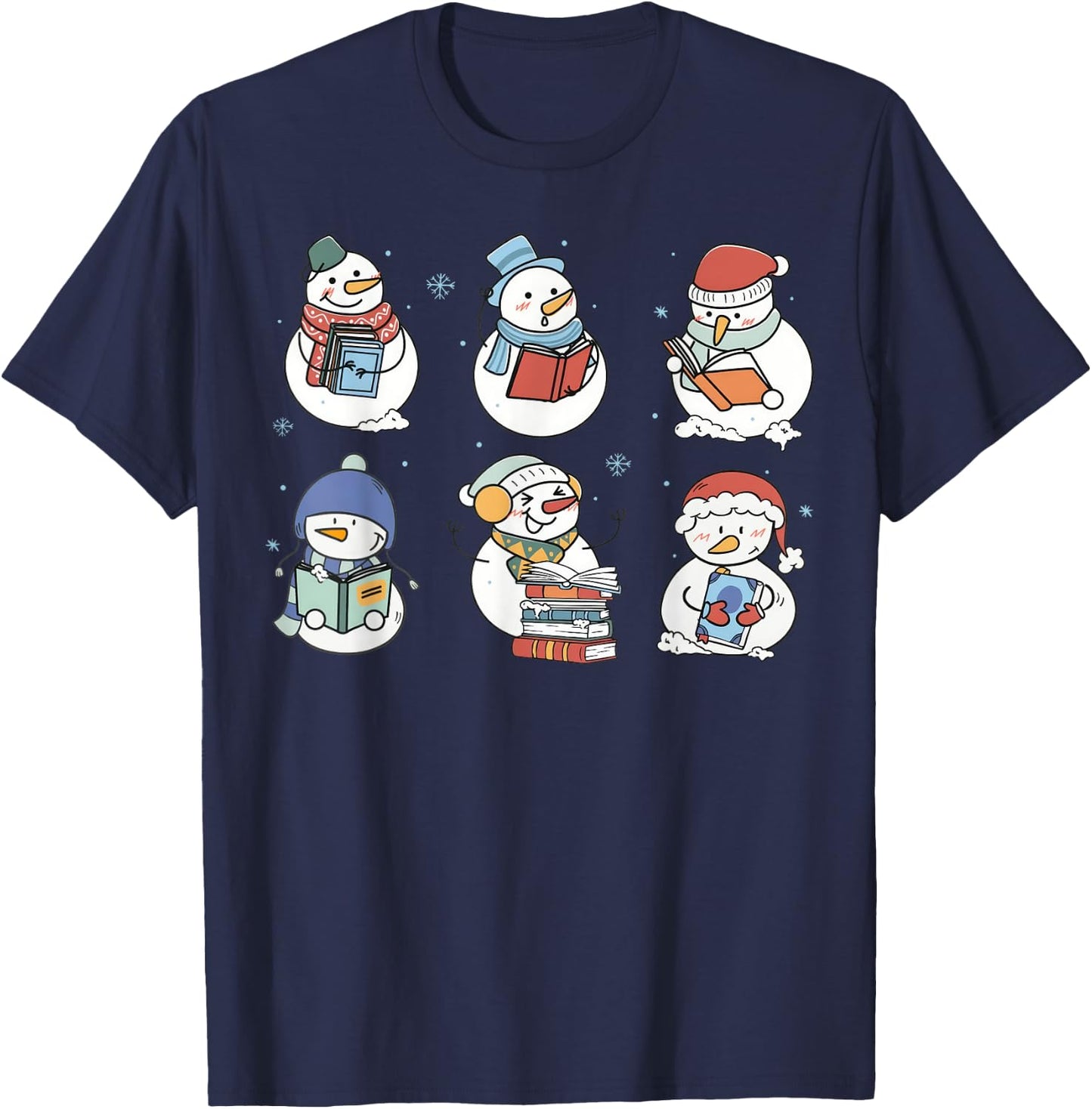 Snowman Reading Book Santa Christmas Bookish Teacher T-Shirt - T-Shirt | Navy