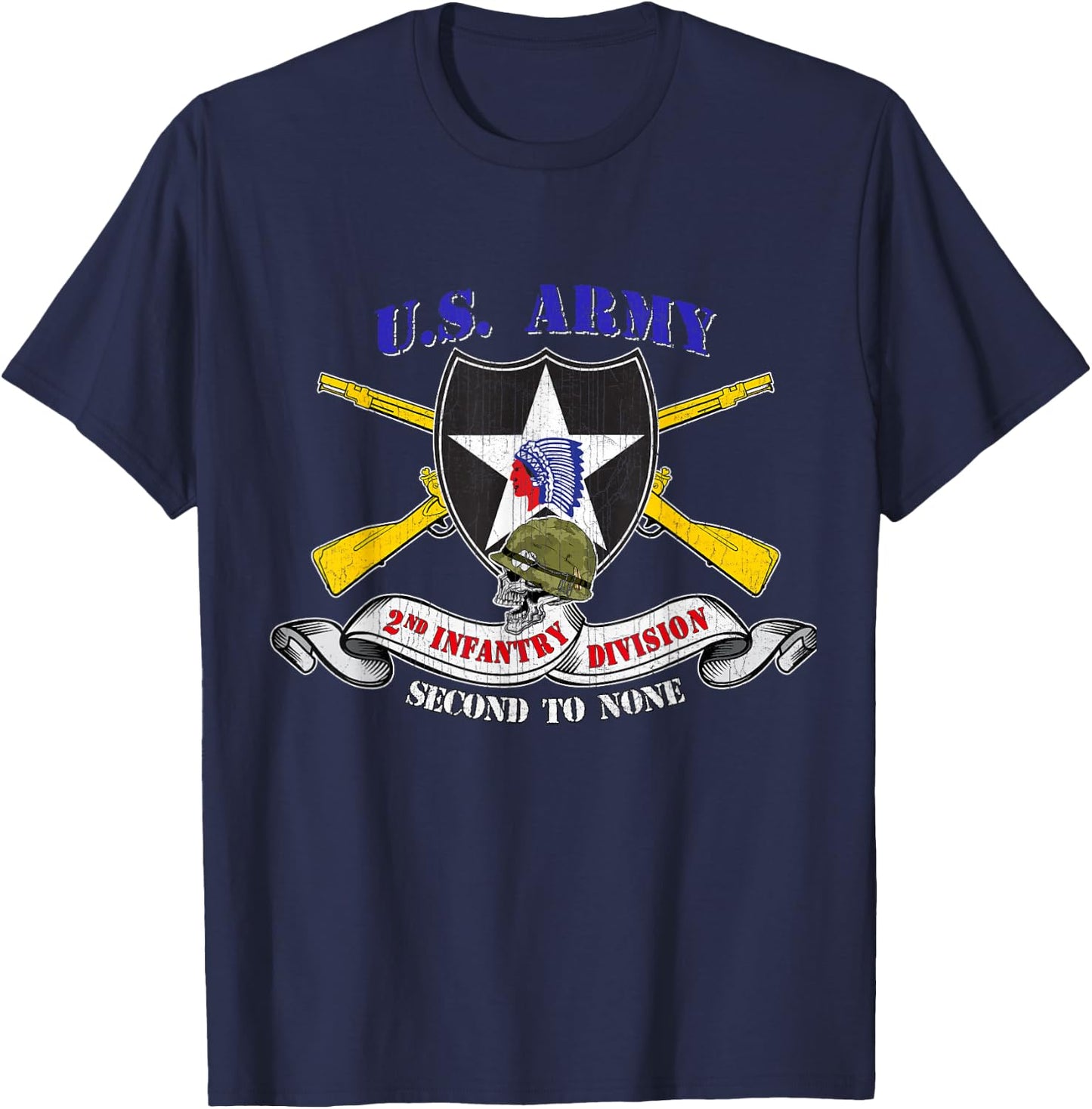 2nd Infantry Division Veteran 2ID - Adults - Black - Small - Short Sleeve - Modern Classic Fit U-Neck - Military Veteran T-Shirt - T-Shirt | Navy
