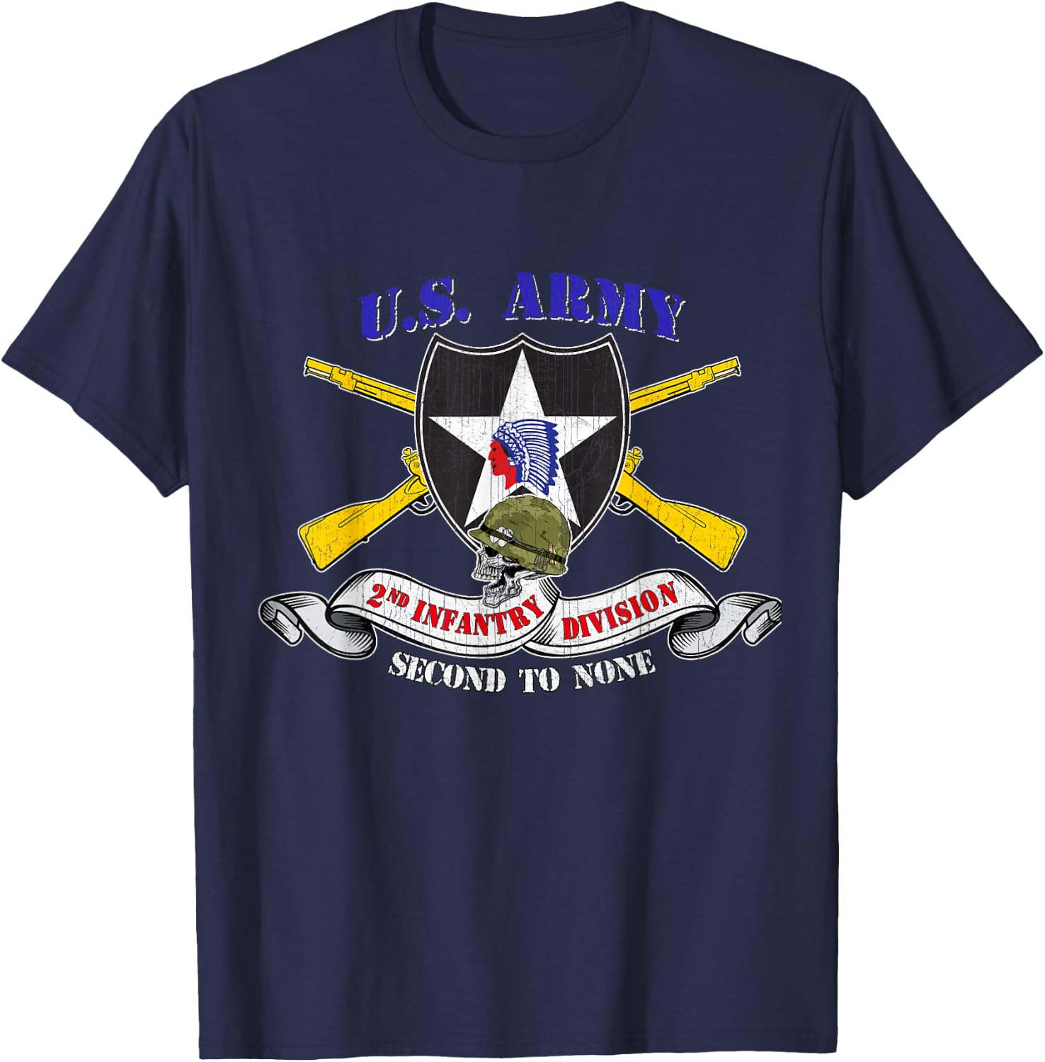 2nd Infantry Division Veteran 2ID - Adults - Black - Small - Short Sleeve - Modern Classic Fit U-Neck - Military Veteran T-Shirt - T-Shirt | Navy