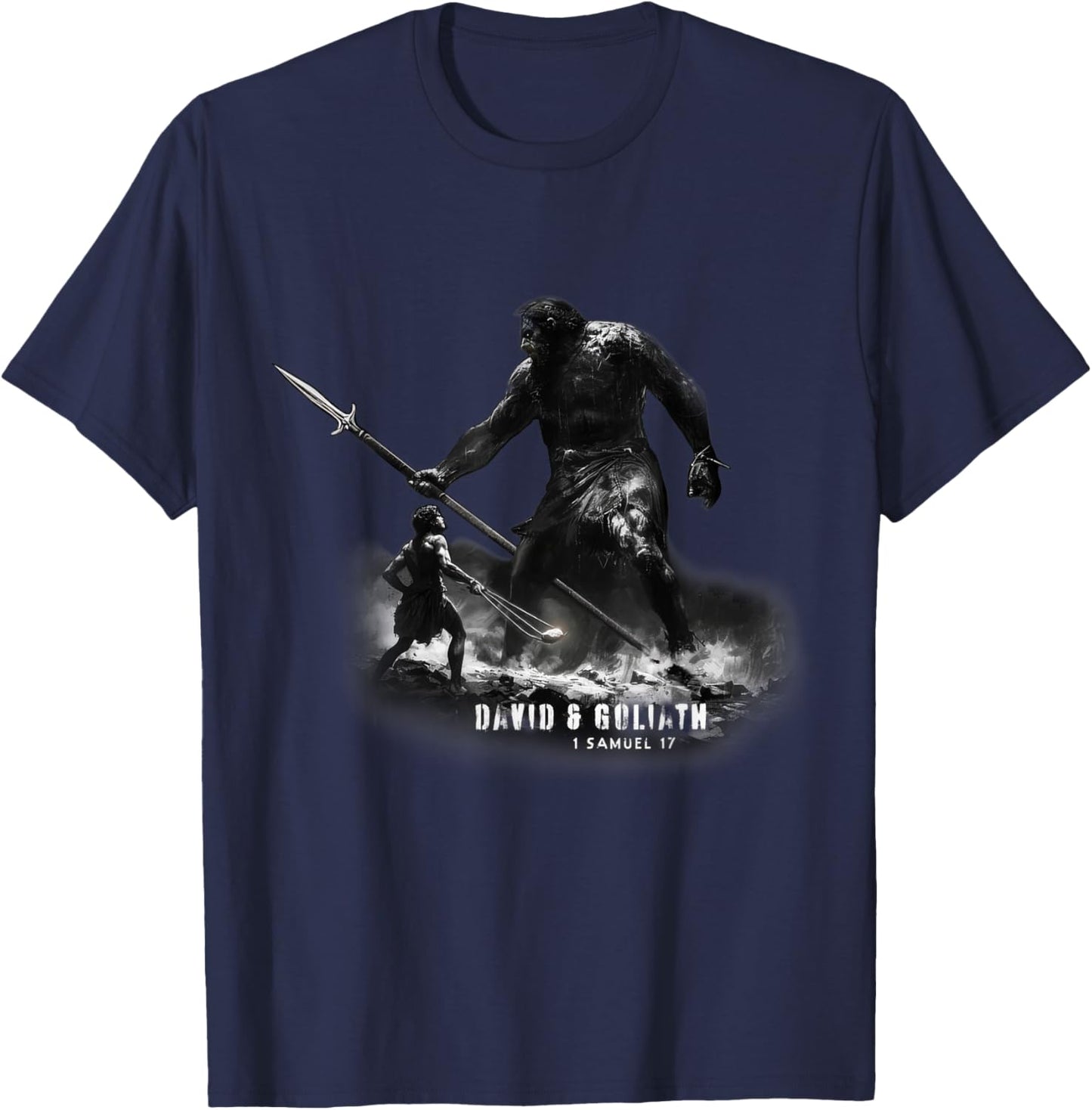 David & Goliath, Faith Overcomes All - Biblical Stories T-Shirt - T-Shirt | Navy