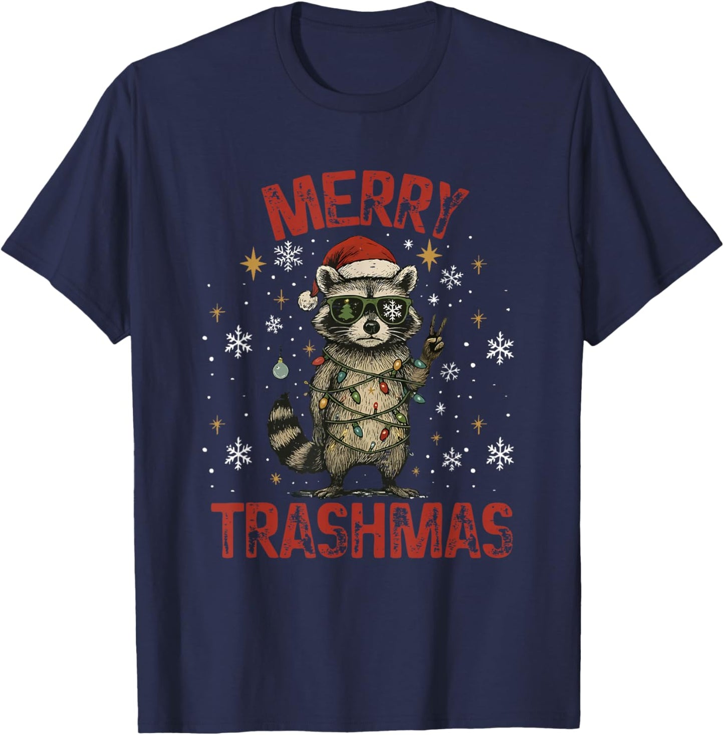 Merry Trashmas Raccoon Christmas Lights Funny Xmas Holiday T-Shirt - T-Shirt | Navy