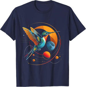 Hummingbird Planets Geometric Fantasy Animal Art Bird T-Shirt - T-Shirt | Navy