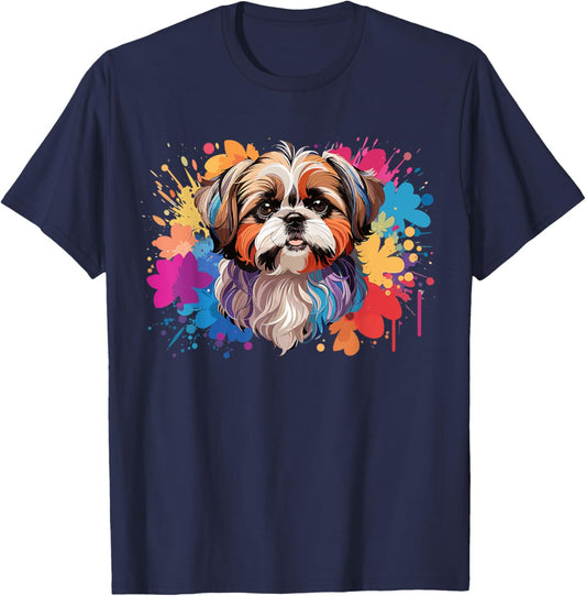 Colorful Splash Art Shih Tzu Portrait ShihTzu Puppy Owners T-Shirt - T-Shirt | Navy