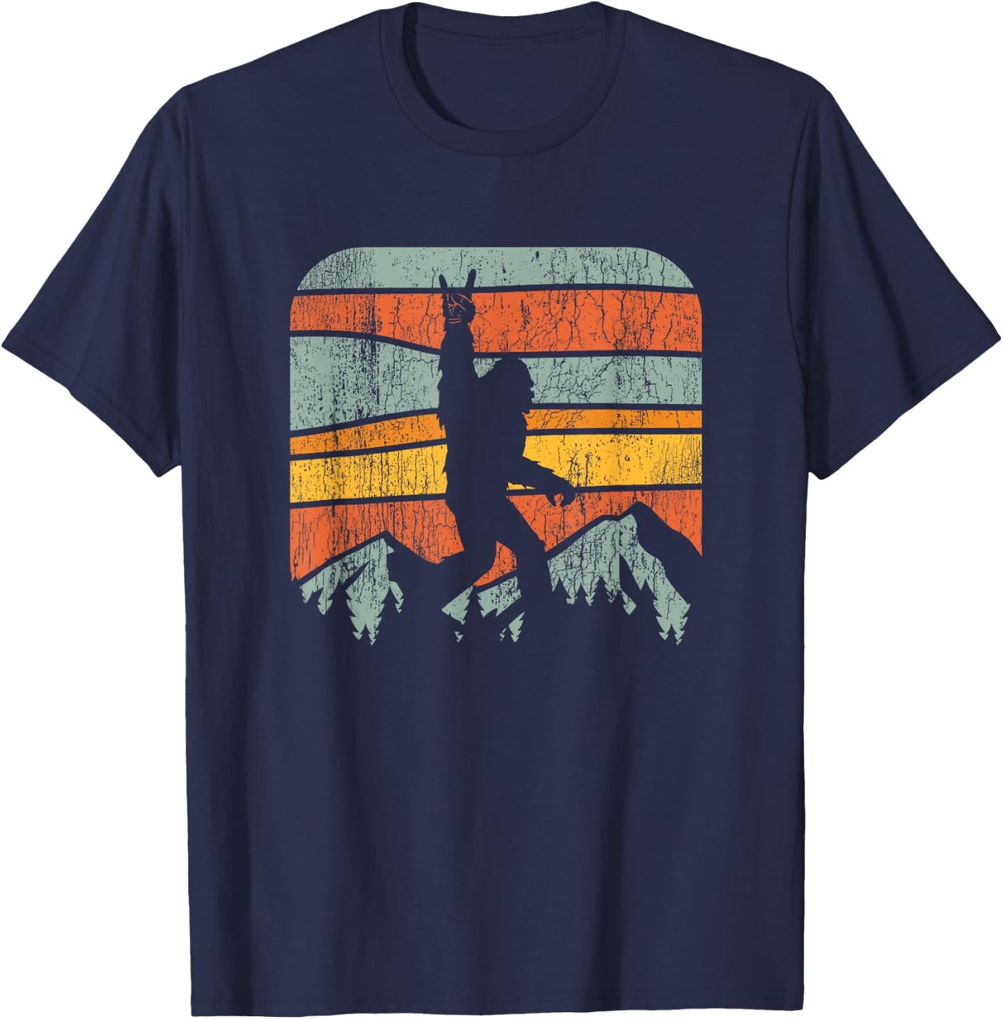 Bigfoot Rock and Roll Retro Mountain Sunset Sasquatch Gift T-Shirt - T-Shirt | Navy