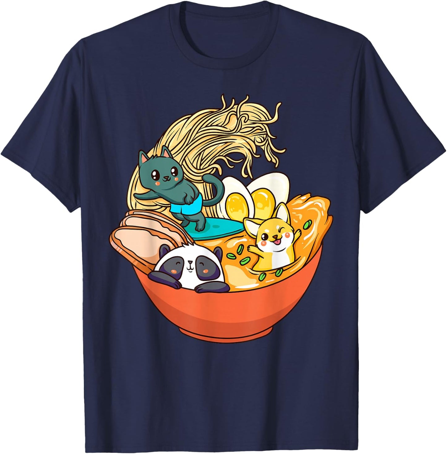 Cute Kawaii Cat Ramen Bowl Japanese Anime Panda Dog Noodle T-Shirt - T-Shirt | Navy