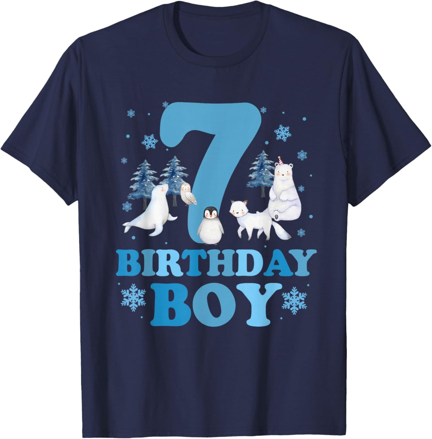Winter 7th Birthday Boy Arctic Animals 7 Year Old Birthday T-Shirt - T-Shirt | Navy