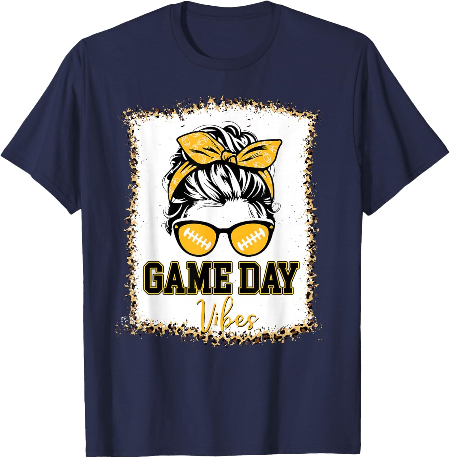 Black Gold Game Day Vibes Football Women Leopard Print T-Shirt - T-Shirt | Navy
