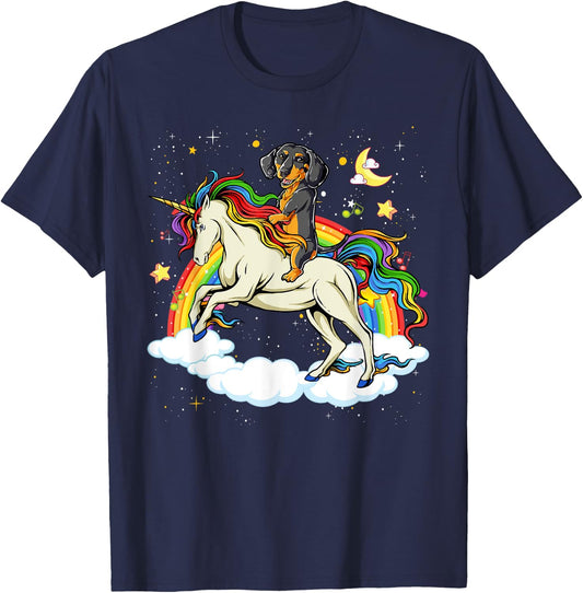 Funny Dachshund Dog Riding Unicorn & Rainbow Boys Kids Girls T-Shirt - T-Shirt | Navy