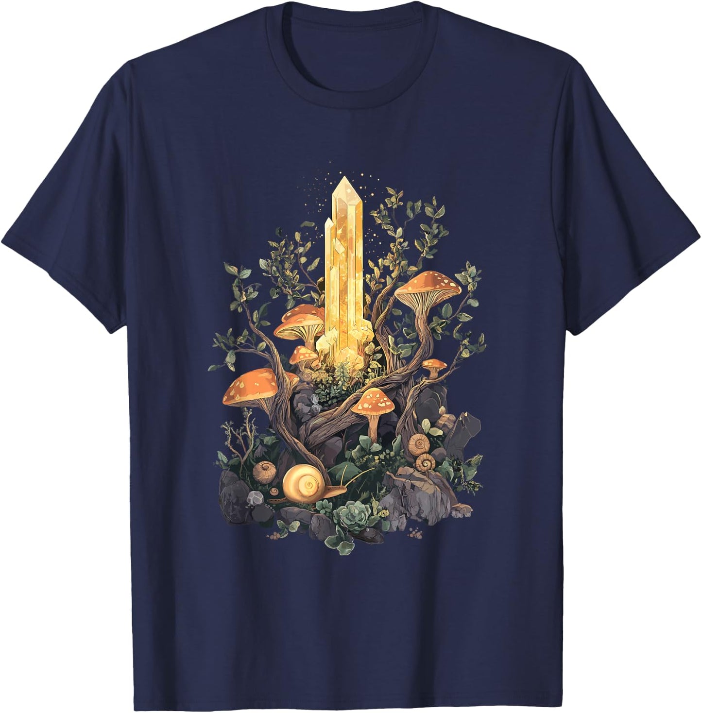 Crystal with Forest Mushrooms and Snails - Goblincore T-Shirt - T-Shirt | Navy