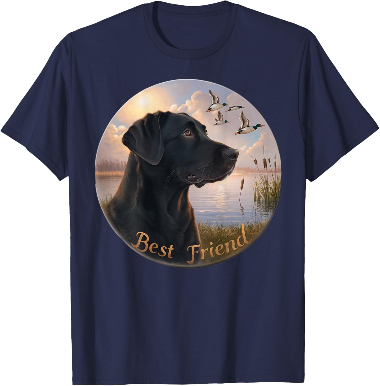 BACK PRINT. Hunting black labrador dog and geese with ducks T-Shirt - T-Shirt | Navy